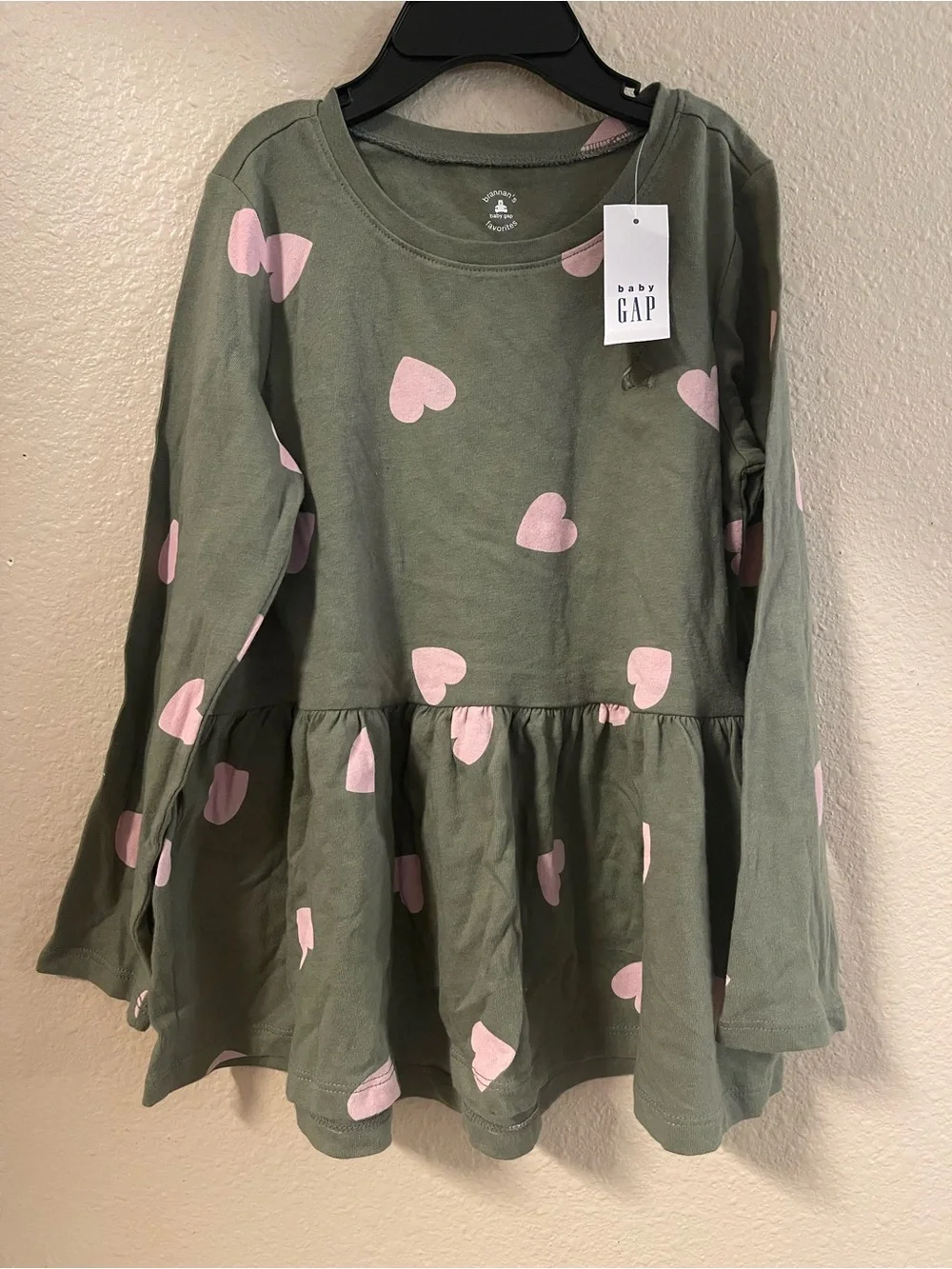 GAP Olive Green Long-Sleeve Top with Pink Heart Print